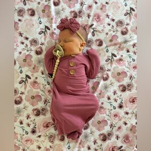 SOLID DUSTY ROSE BAMBOO BABY KNOT GOWN & MATCHING HEADBAND& SWADDLE BLANKET